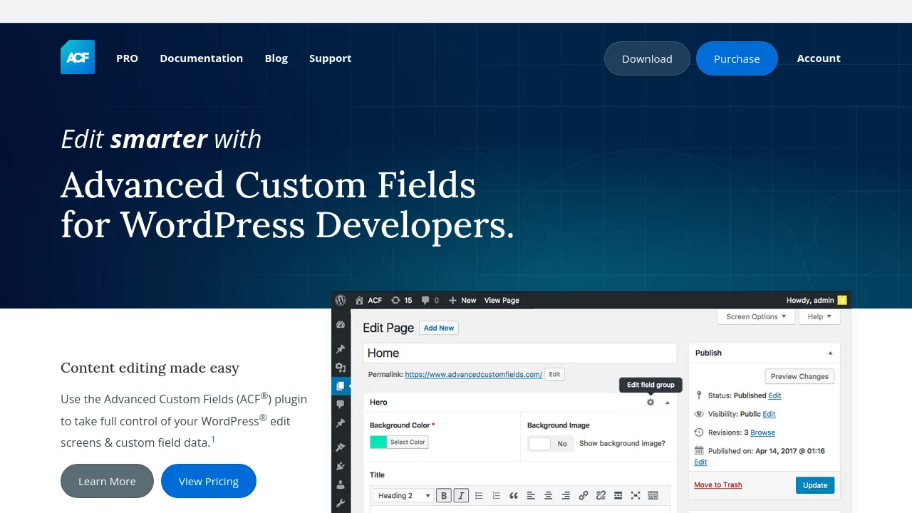 Screenshot of Advanced Custom Fields website