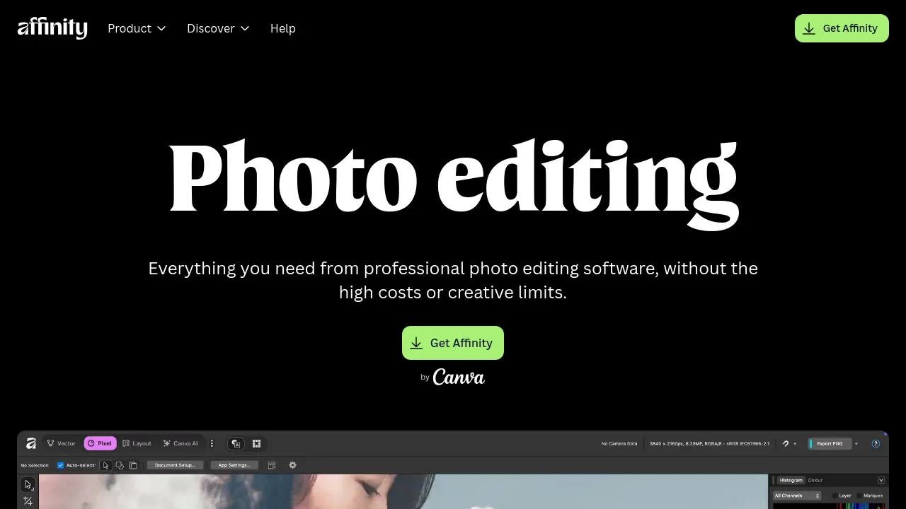Screenshot of Affinity Photo website