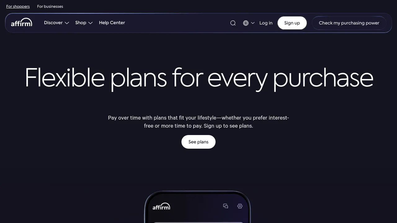 Screenshot of Affirm website