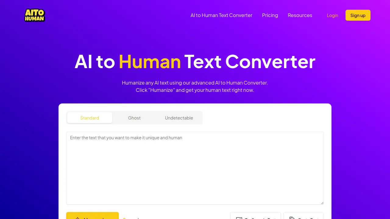 Screenshot of AI to Human Text Converter website
