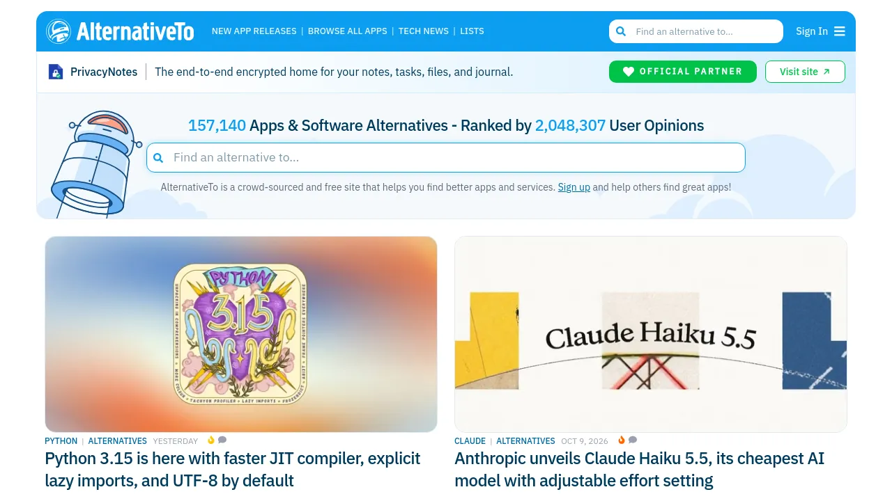 Screenshot of AlternativeTo website