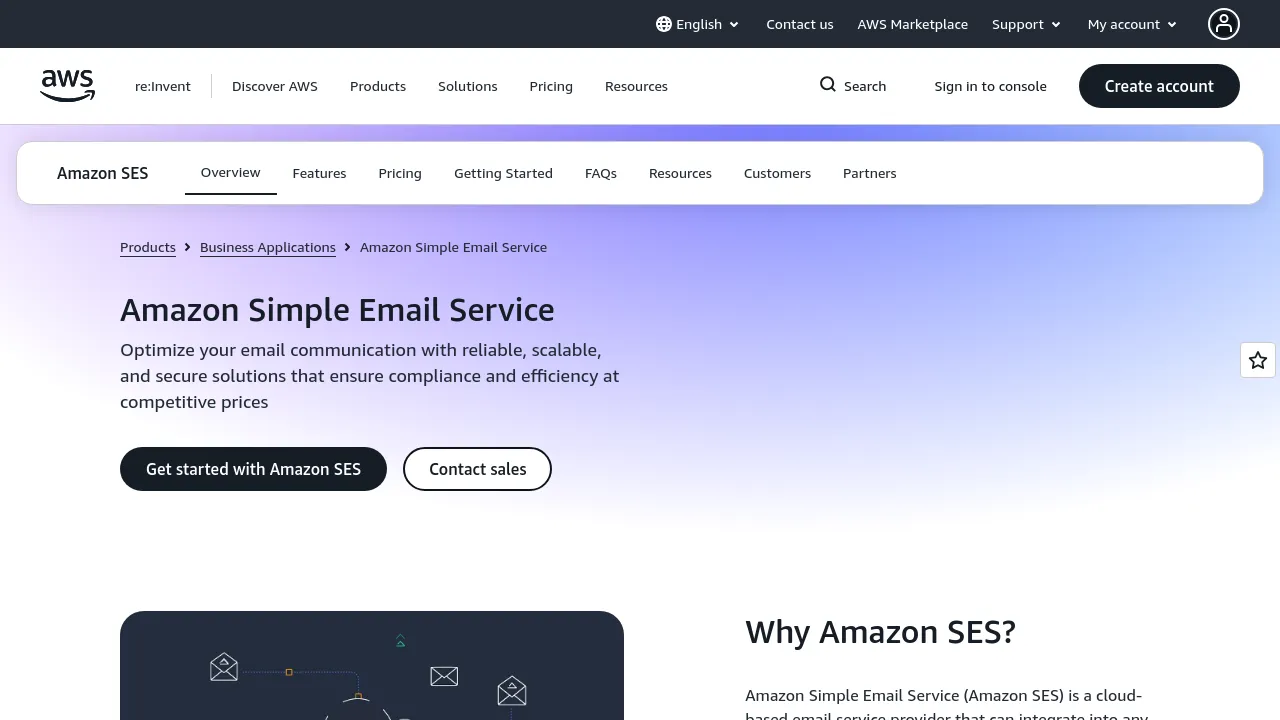 Screenshot of Amazon SES website
