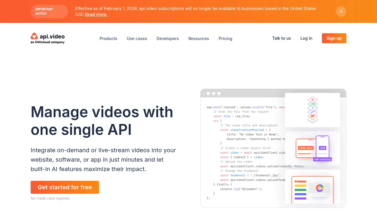 Screenshot of api.video website