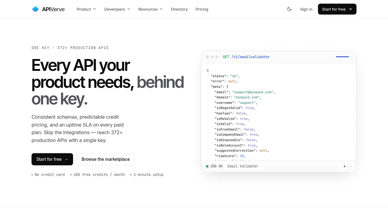 Screenshot of APIVerve website