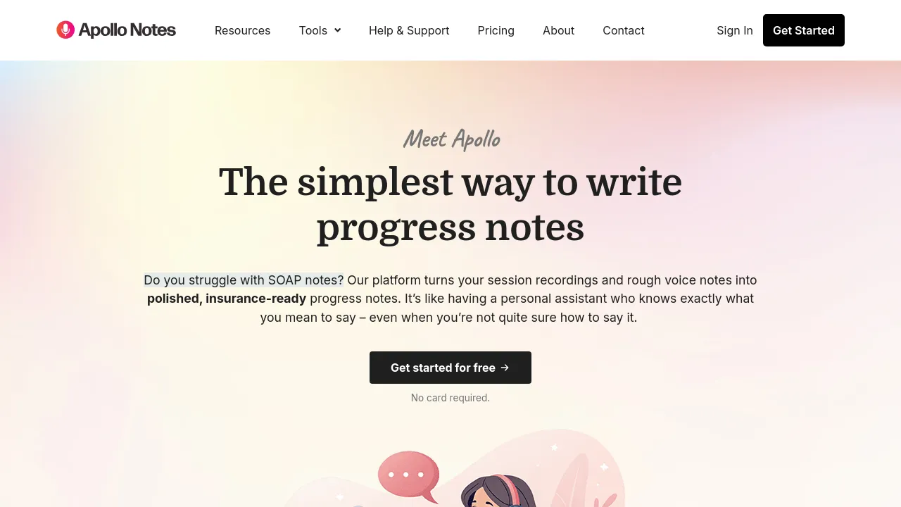 Screenshot of Apollo Notes website
