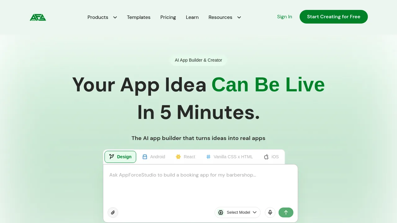 Screenshot of App Creation Studio website