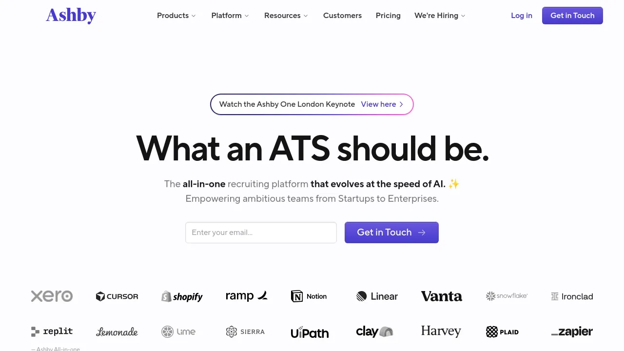 Screenshot of Ashby website