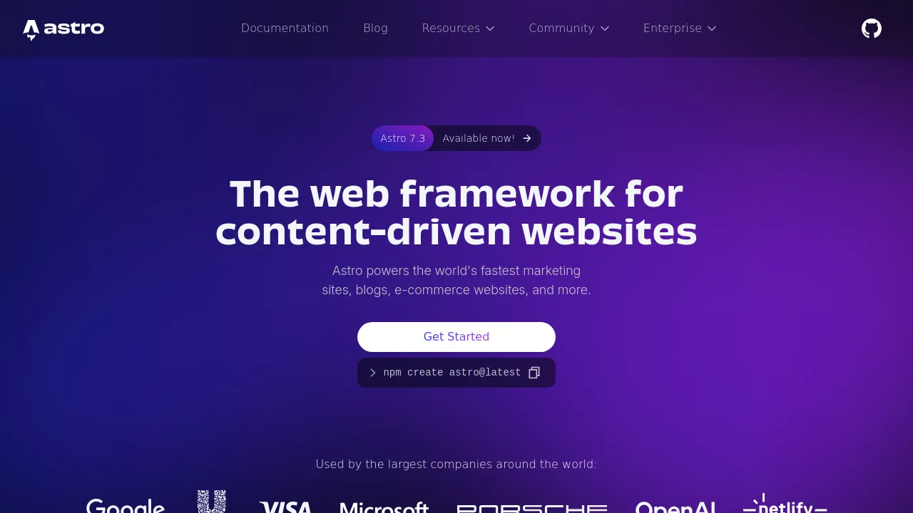 Screenshot of Astro website