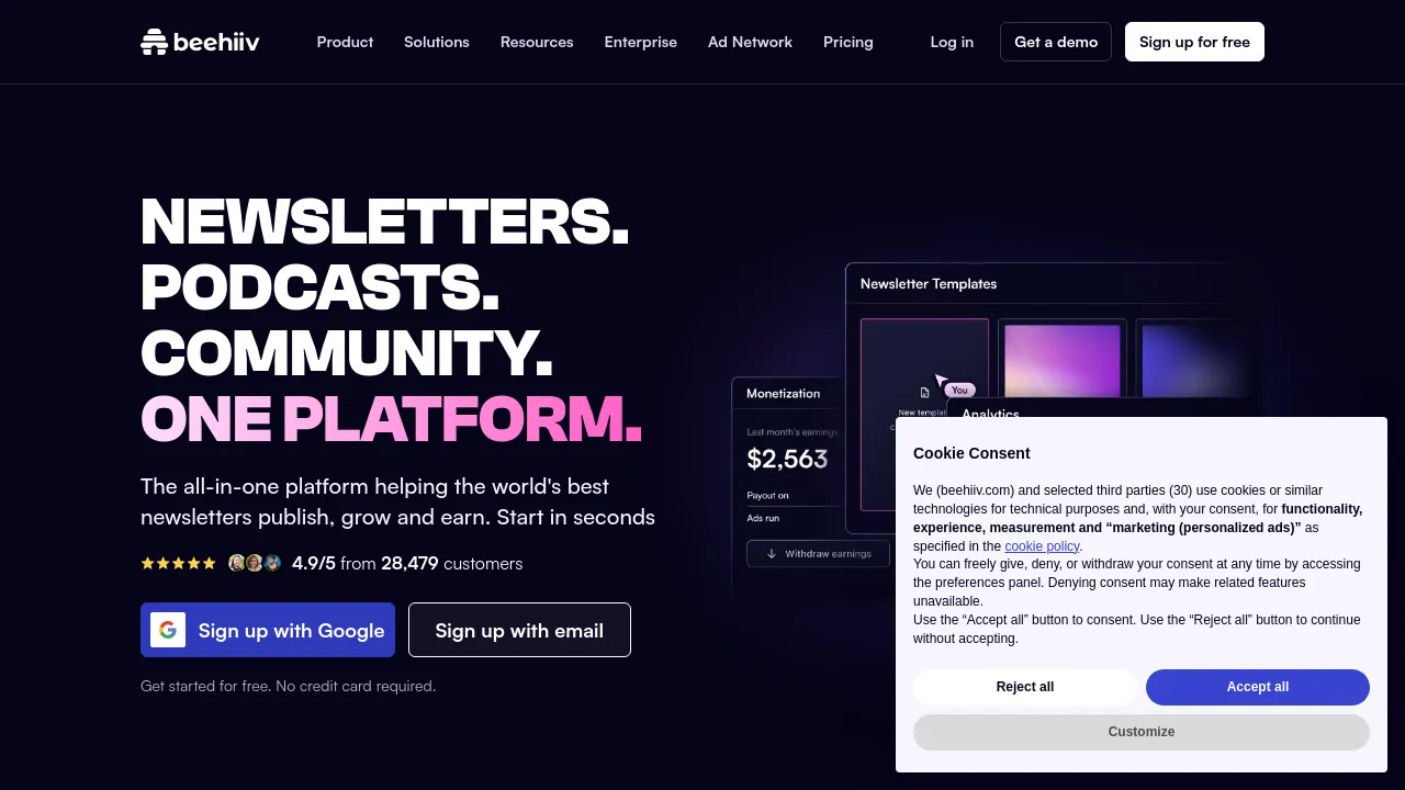 Screenshot of beehiiv website