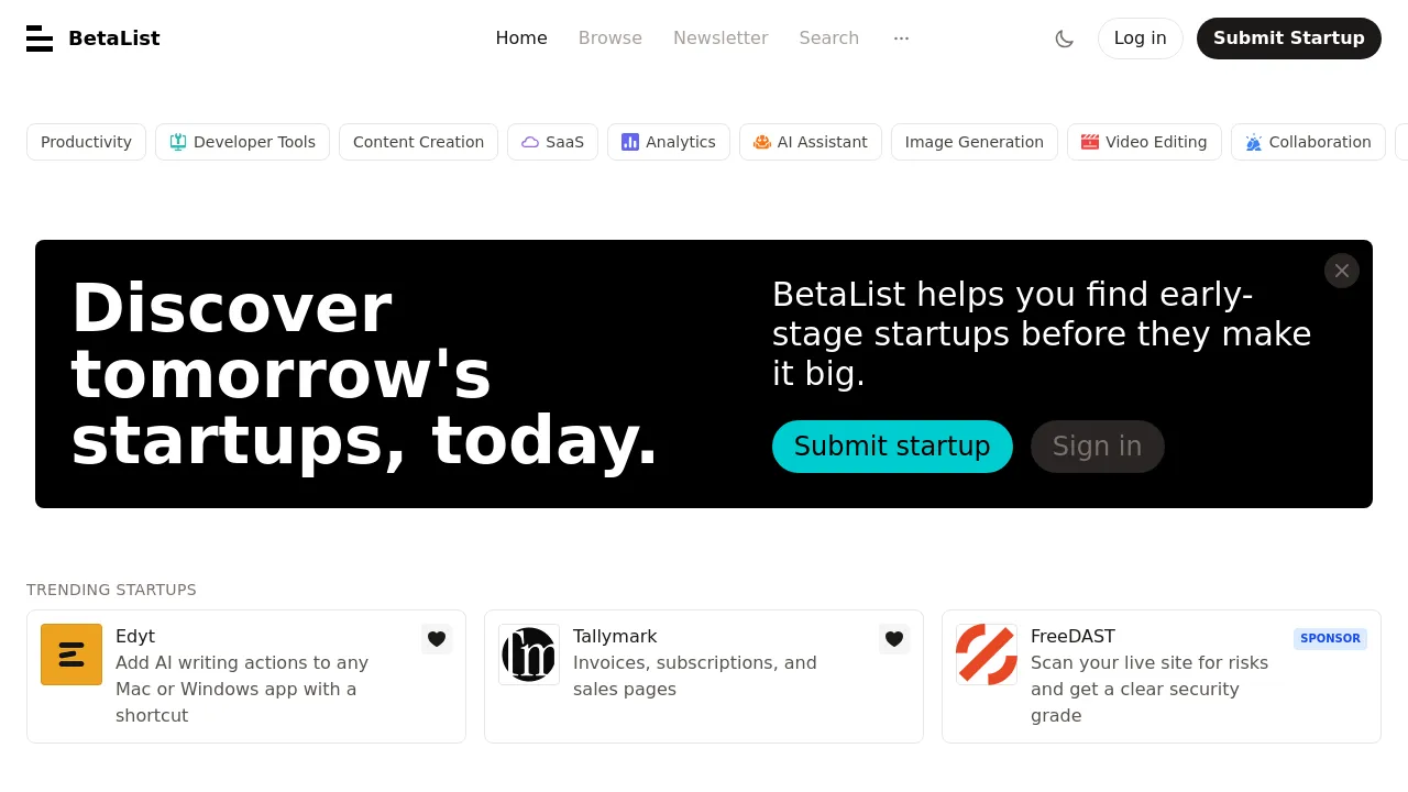 Screenshot of the BetaList website
