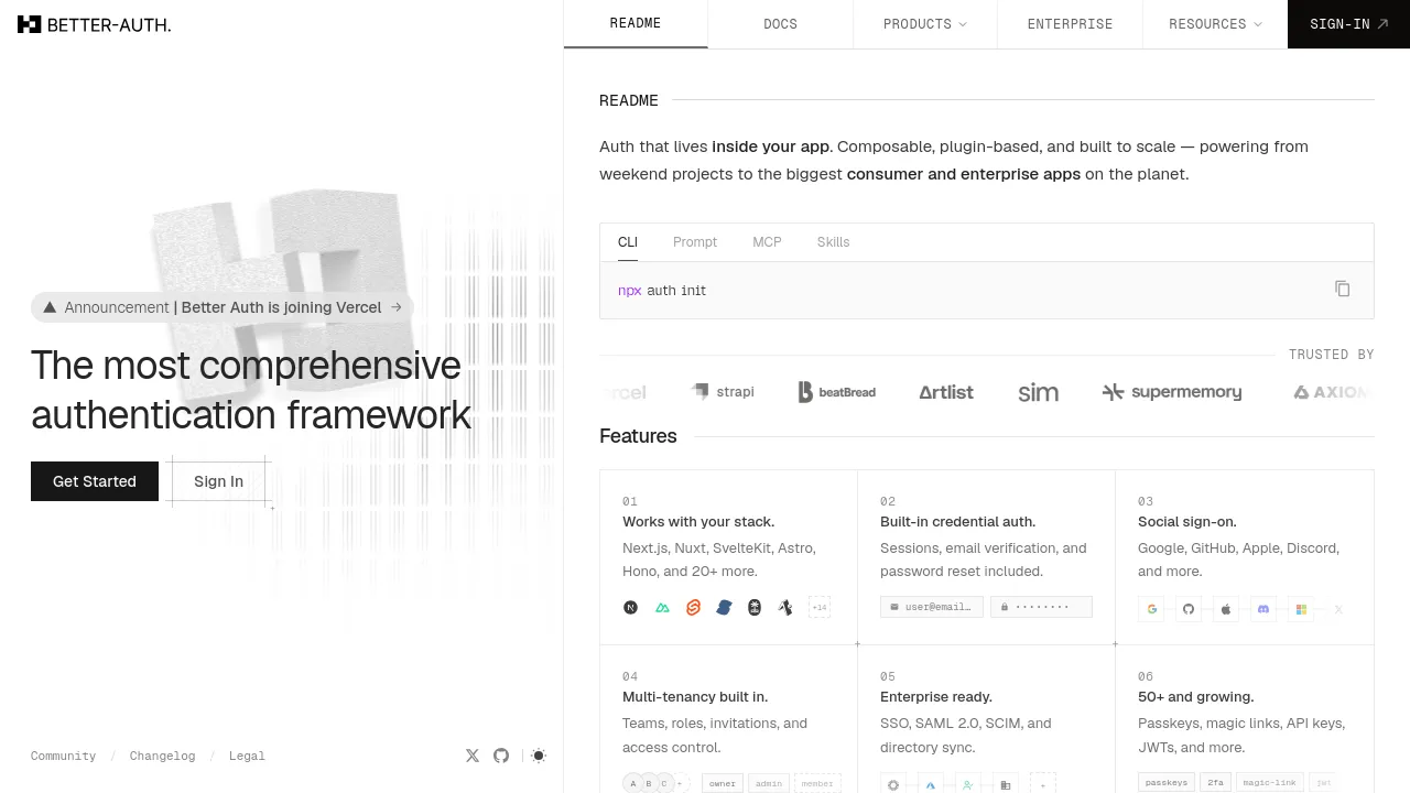 Screenshot of Better Auth website