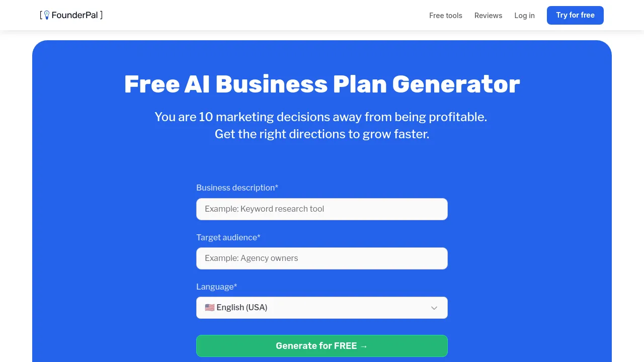 Screenshot of Business Plan Generator website