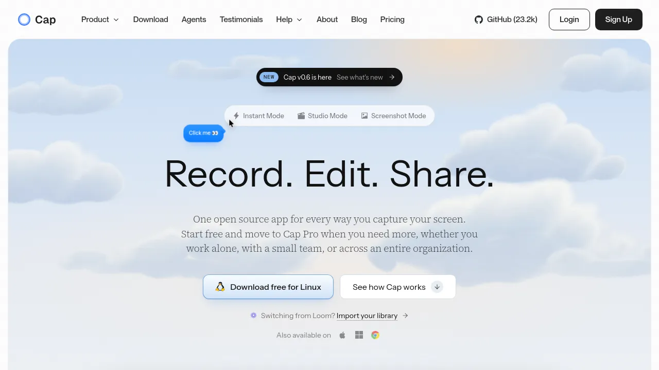 Screenshot of Cap website