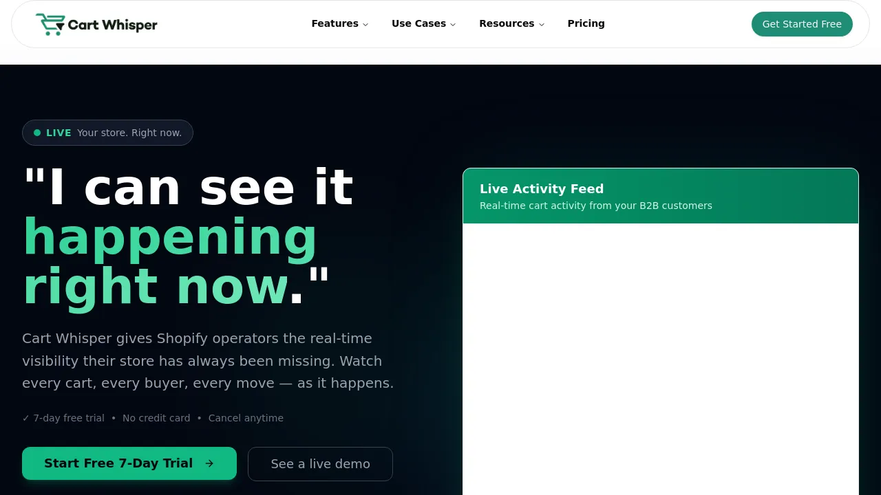 Screenshot of Cart Whisper website