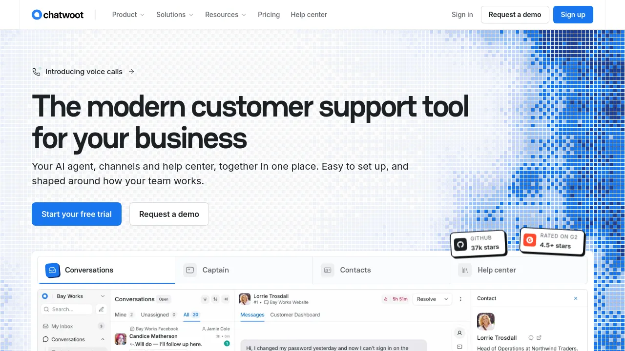 Screenshot of Chatwoot website