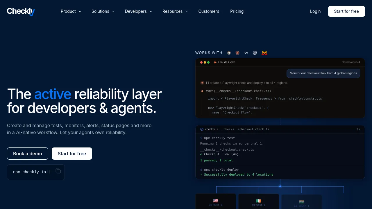 Screenshot of Checkly website
