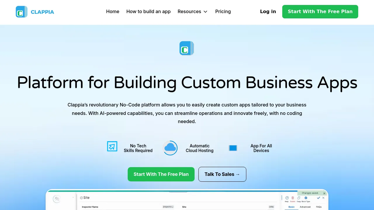Screenshot of Clappia website