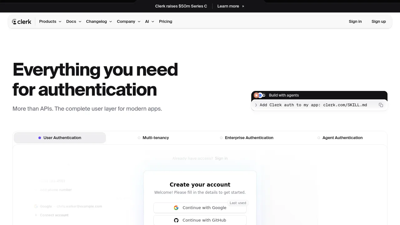 Screenshot of Clerk website