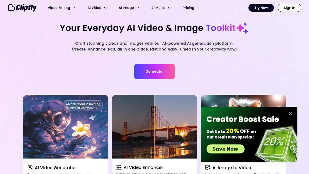 Screenshot of the Clipfly website