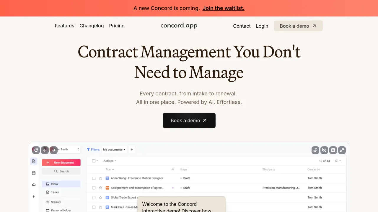Screenshot of Concord website