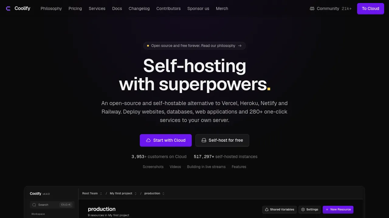 Screenshot of Coolify website