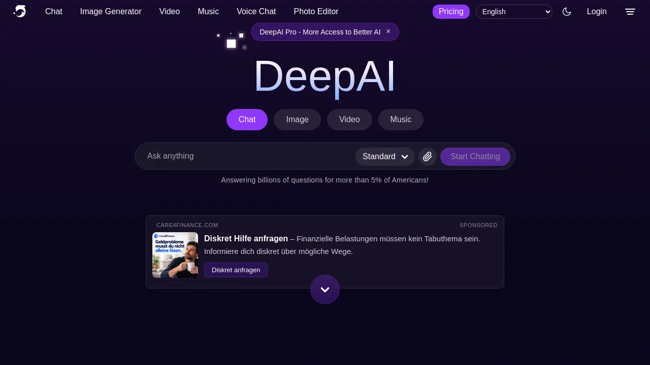 Screenshot of DeepAI website