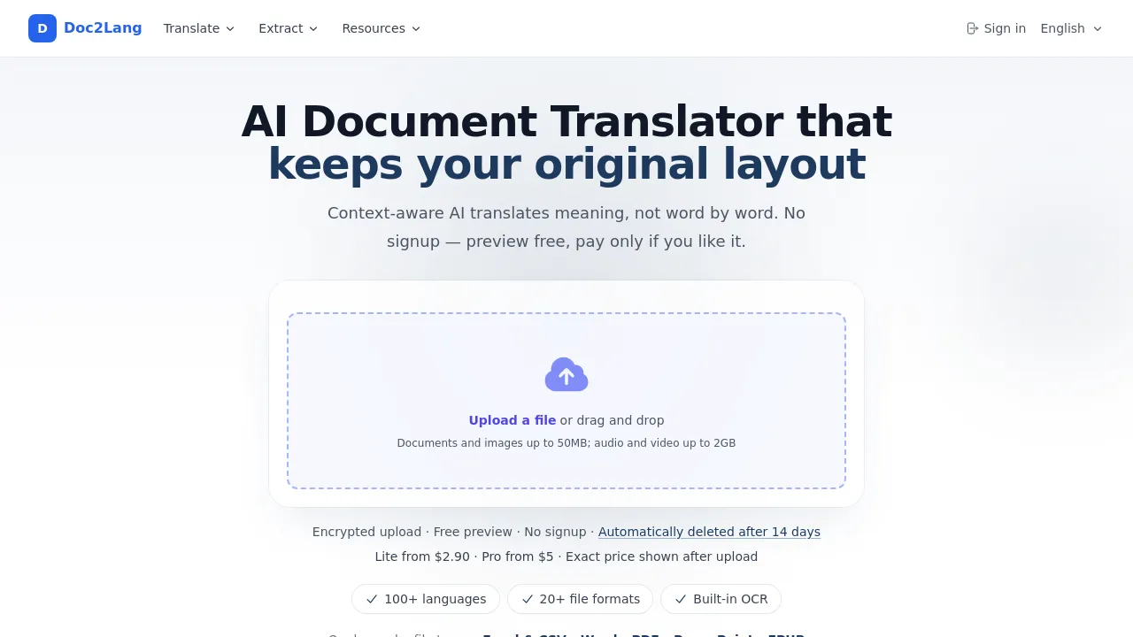 Screenshot of Doc2Lang website