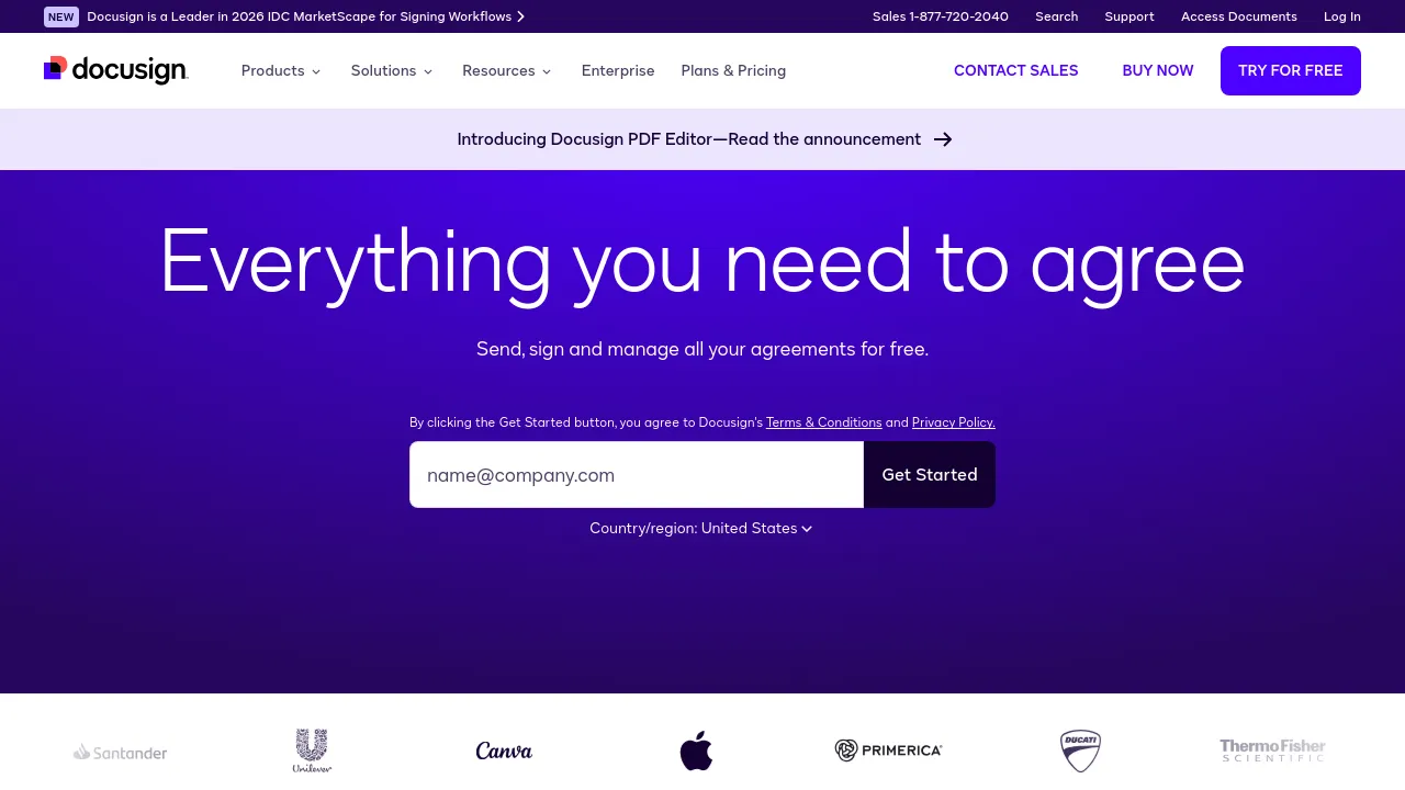 Screenshot of DocuSign website
