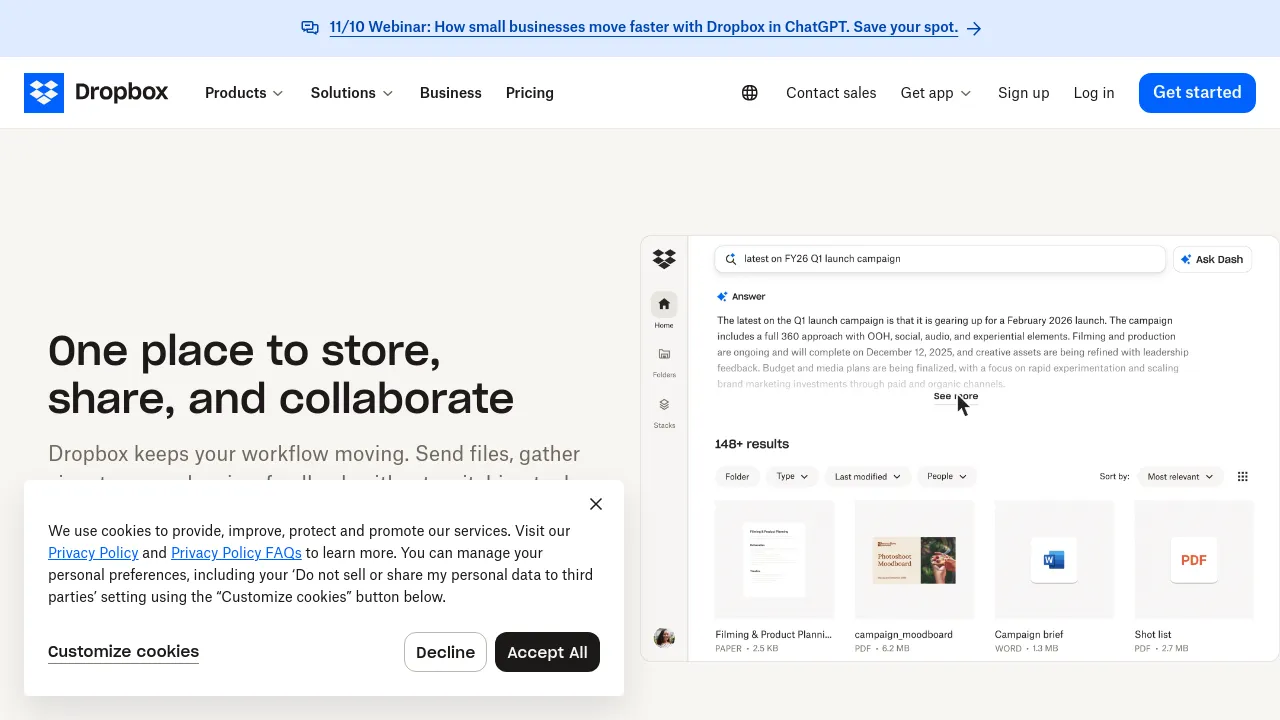 Screenshot of the Dropbox website