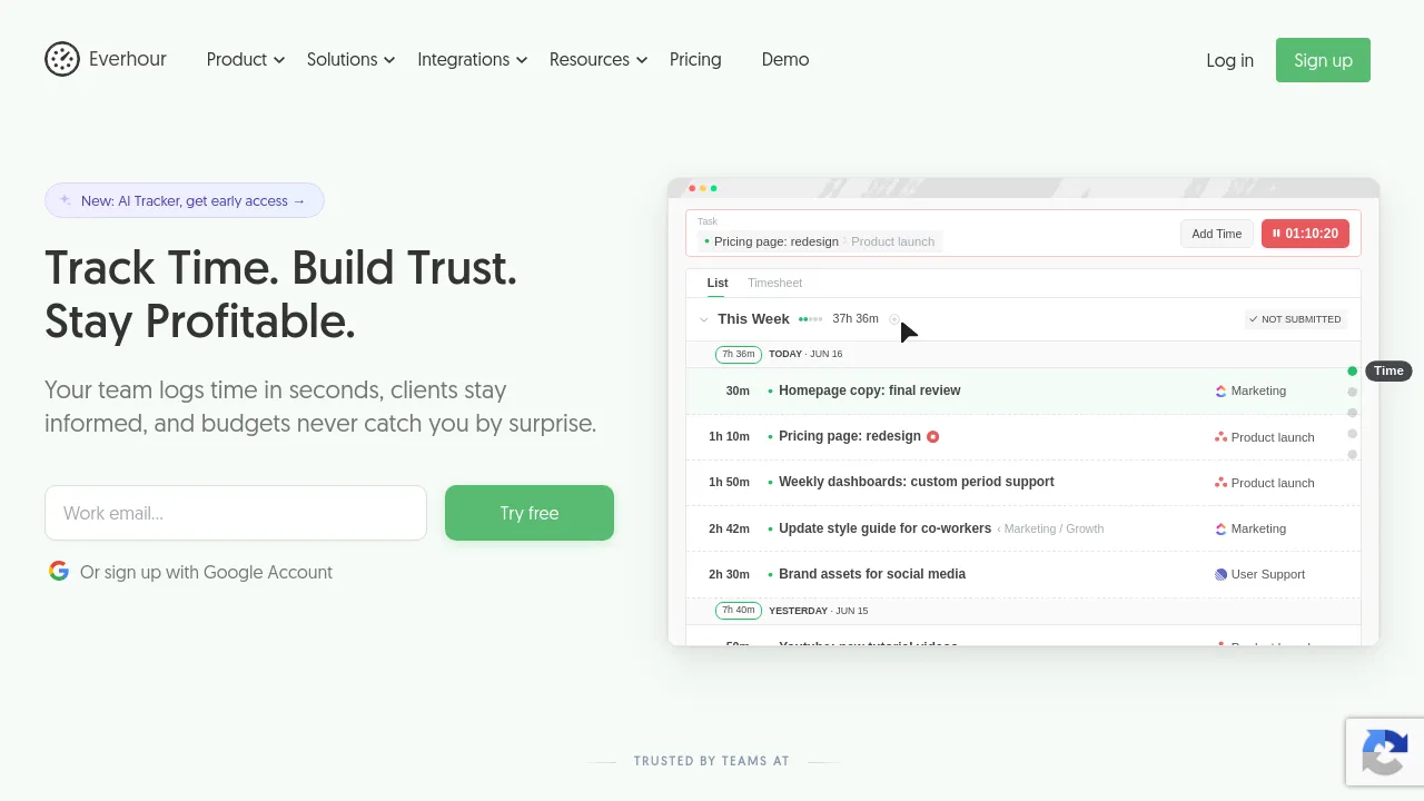 Screenshot of Everhour website