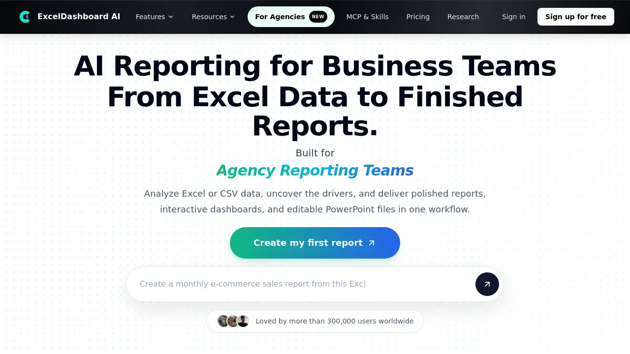 Screenshot of Excel Dashboard Ai website