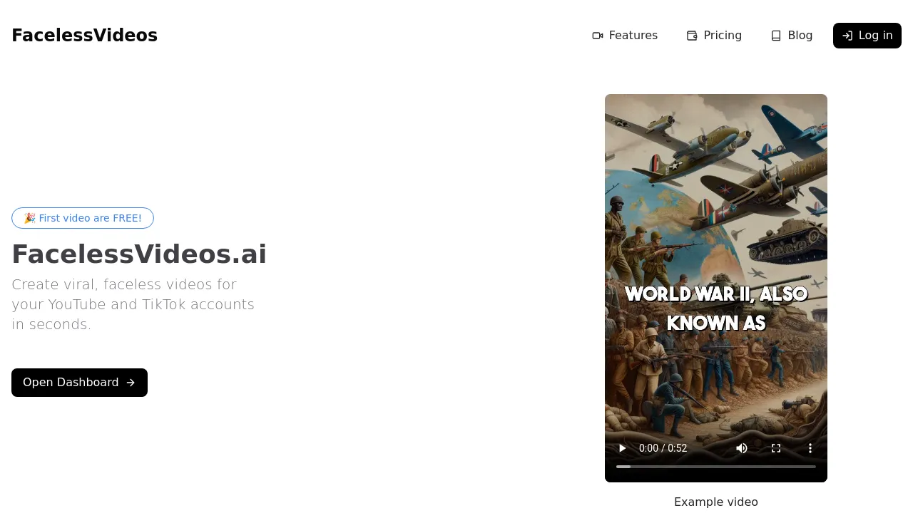 Screenshot of FacelessVideos.ai website