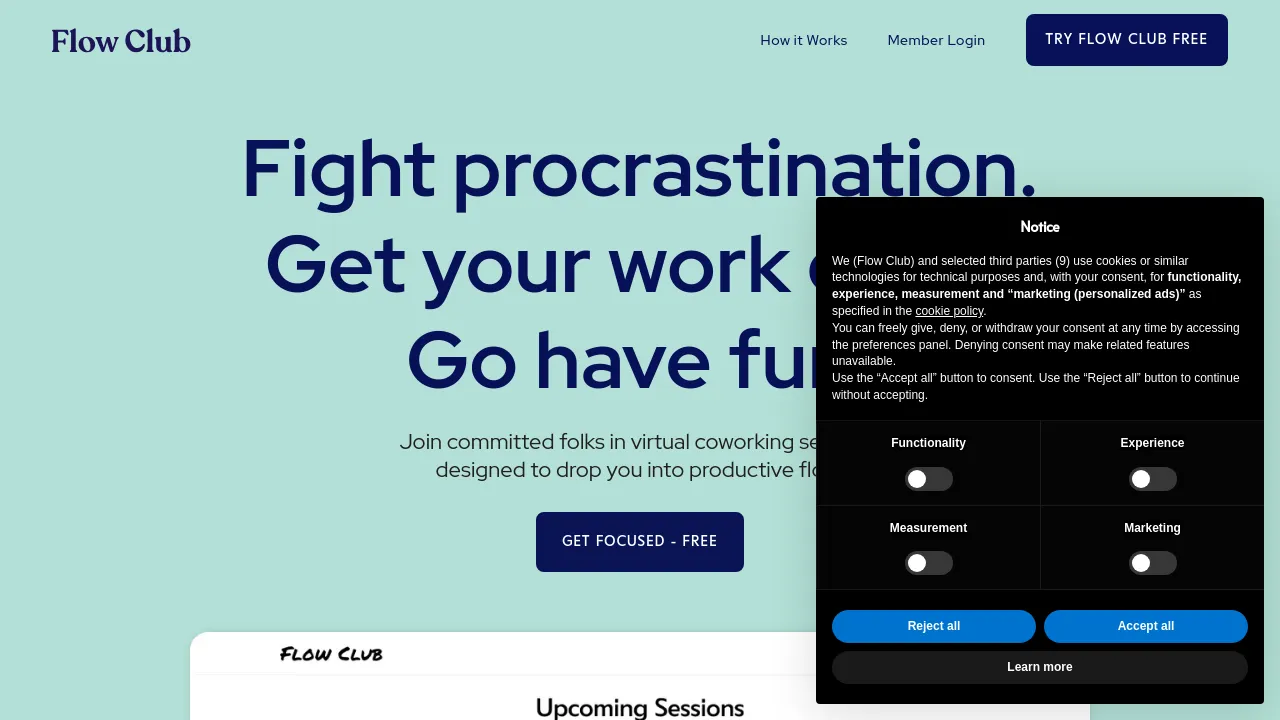 Screenshot of Flow Club website