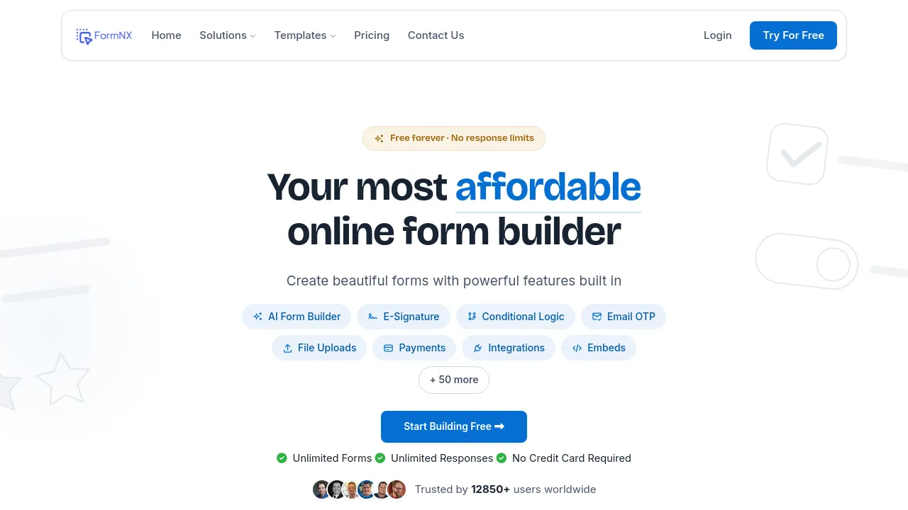 Screenshot of the FormNX website