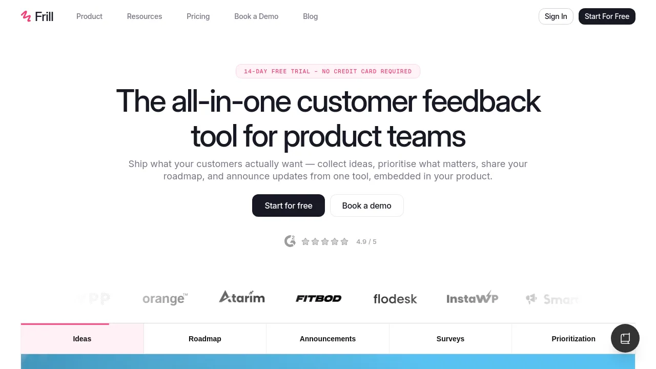 Screenshot of the Frill website