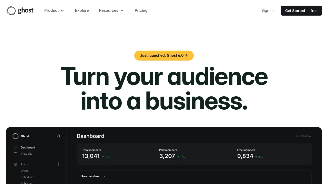 Screenshot of the Ghost website