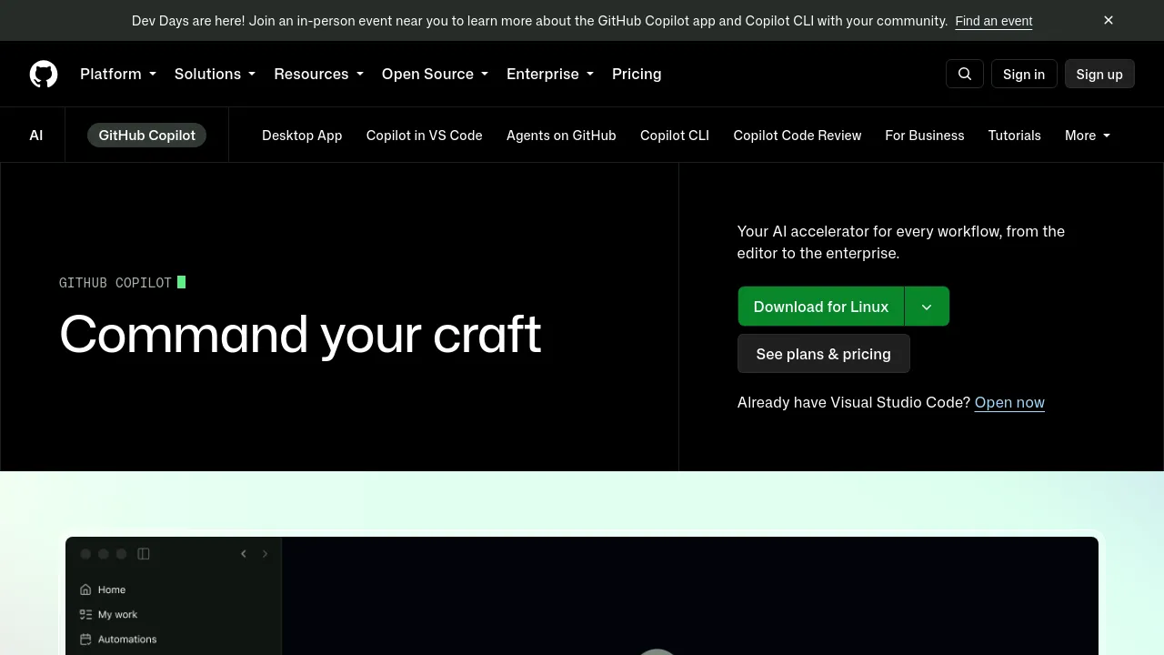 Screenshot of GitHub Copilot website