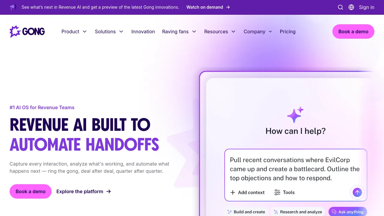 Screenshot of Gong website