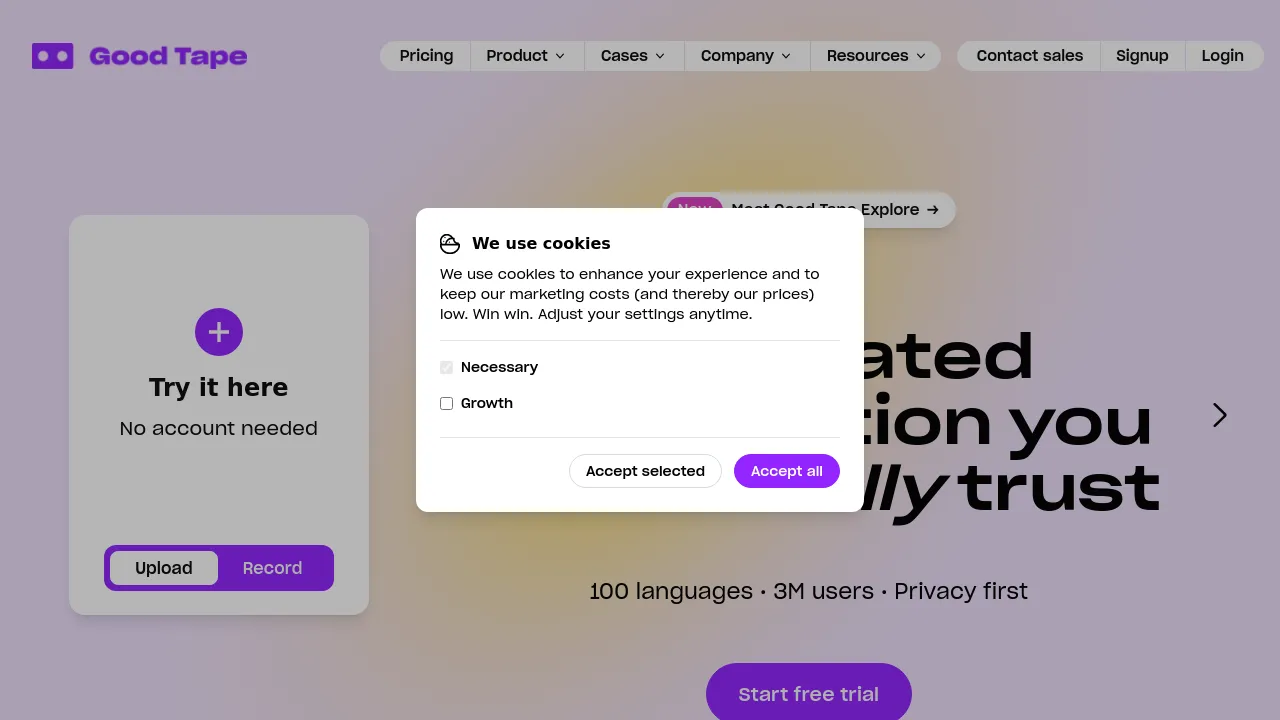 Screenshot of Good Tape website
