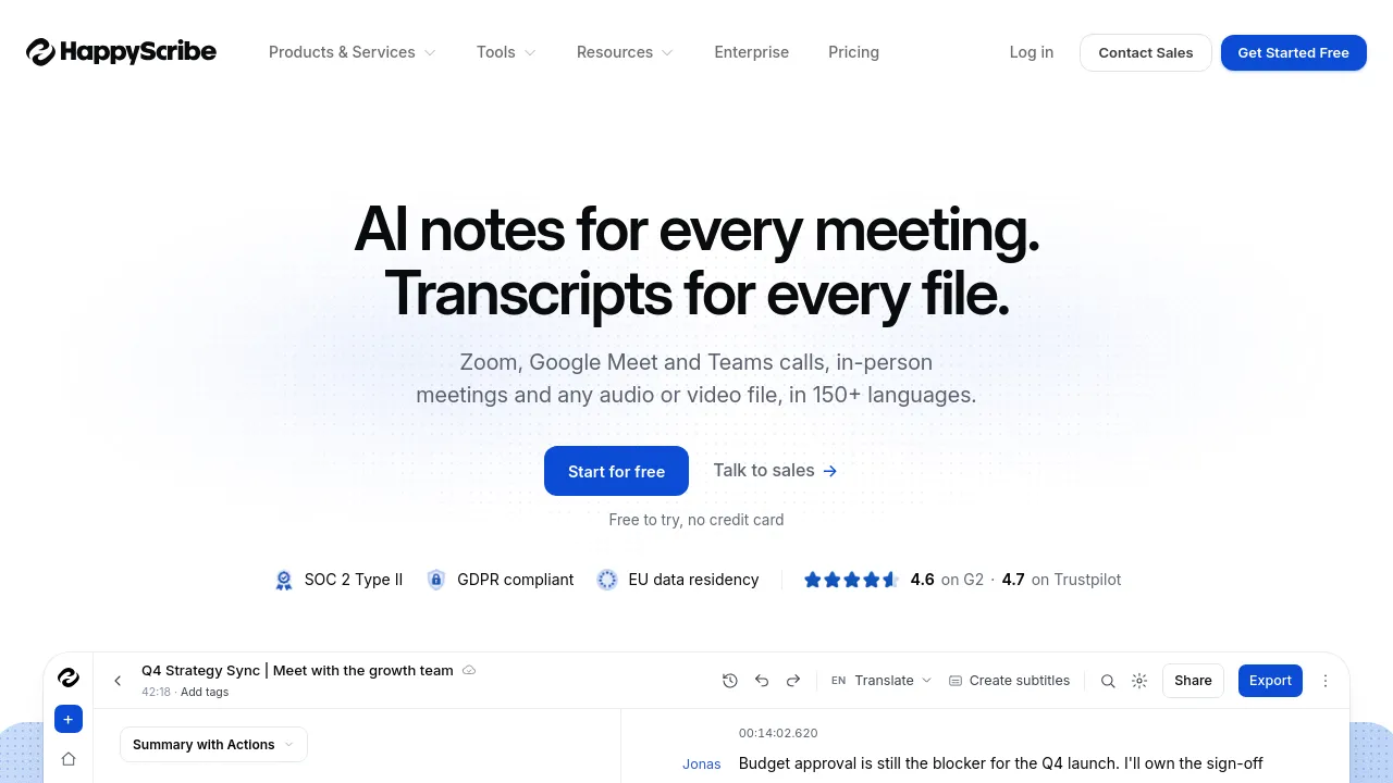 Screenshot of Happy Scribe website