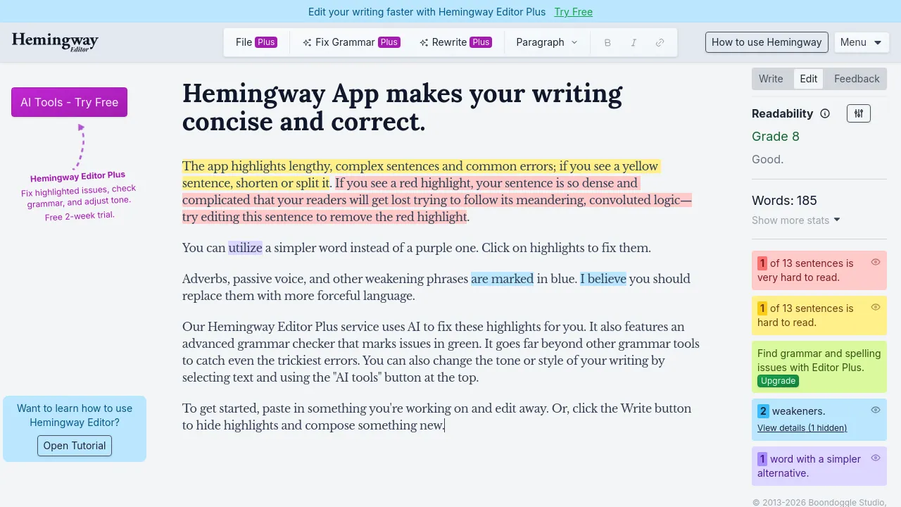 Screenshot of Hemingway Editor website