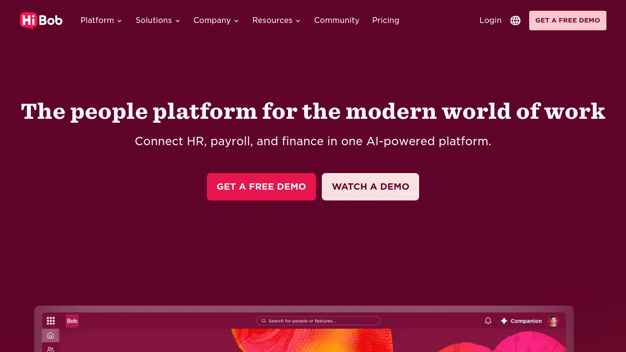 Screenshot of HiBob website