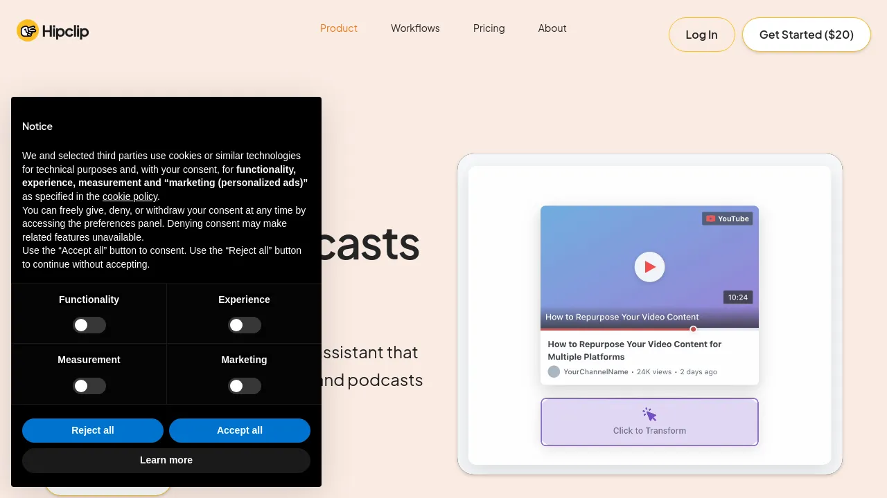 Screenshot of Hipclip website