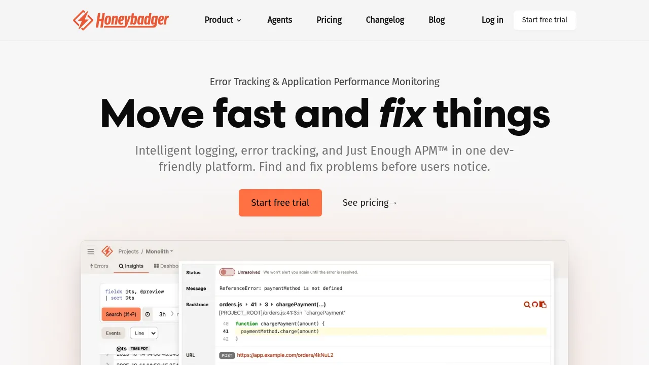 Screenshot of Honeybadger website