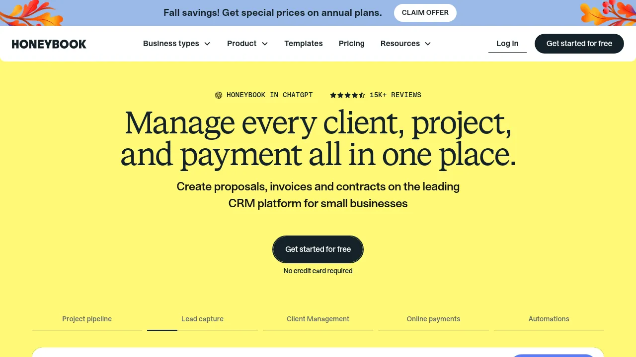 Screenshot of HoneyBook website