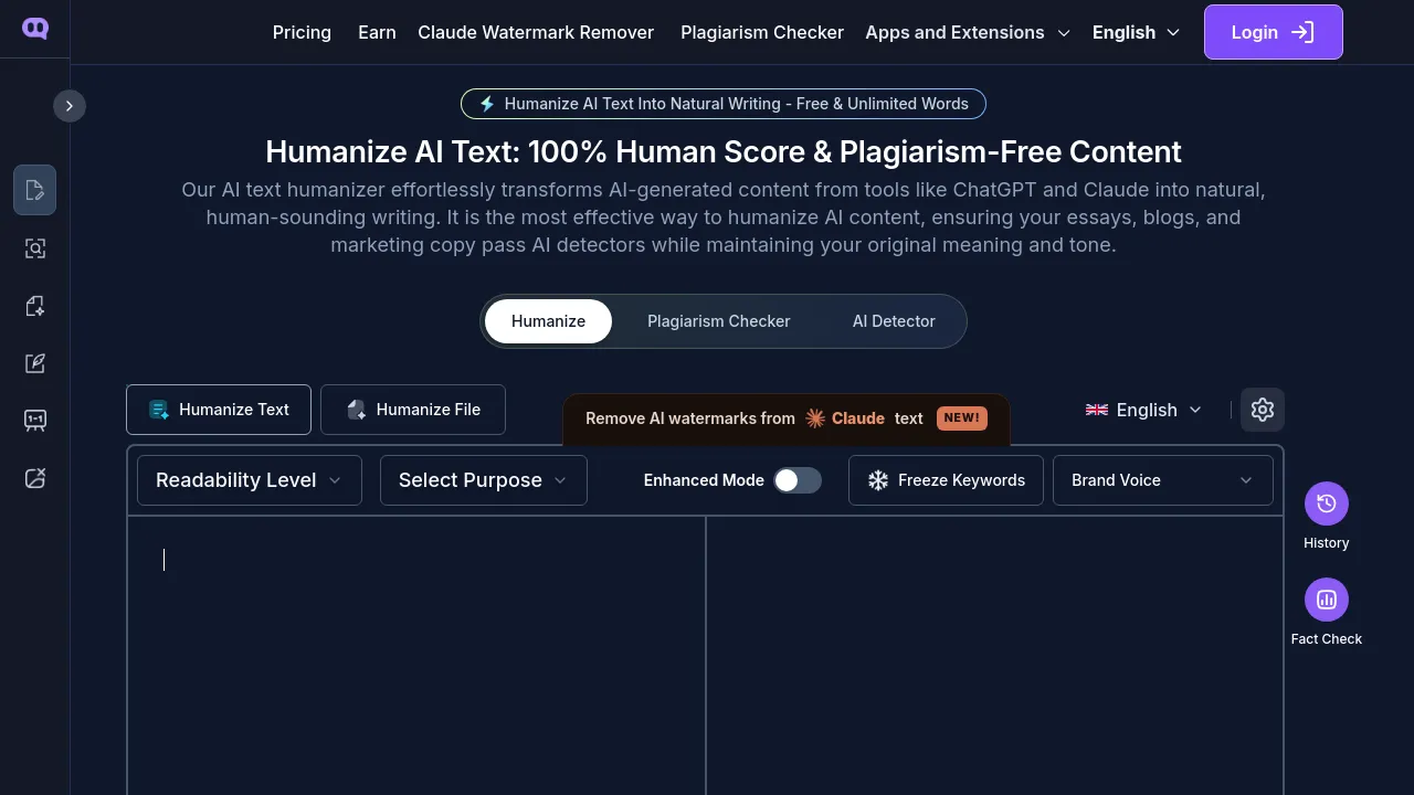 Screenshot of Humanize AI Text website