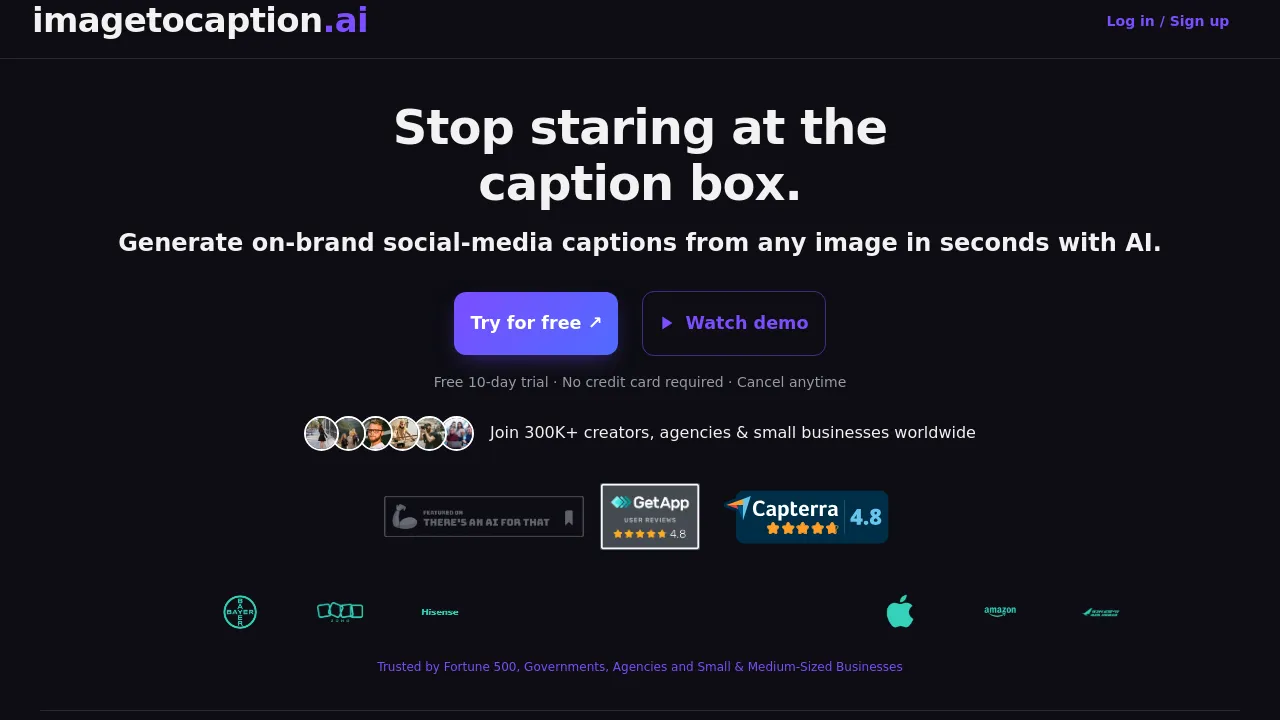 Screenshot of imagetocaption.ai website