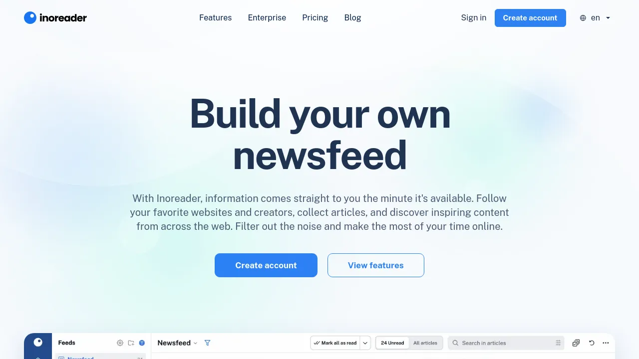 Screenshot of Inoreader website