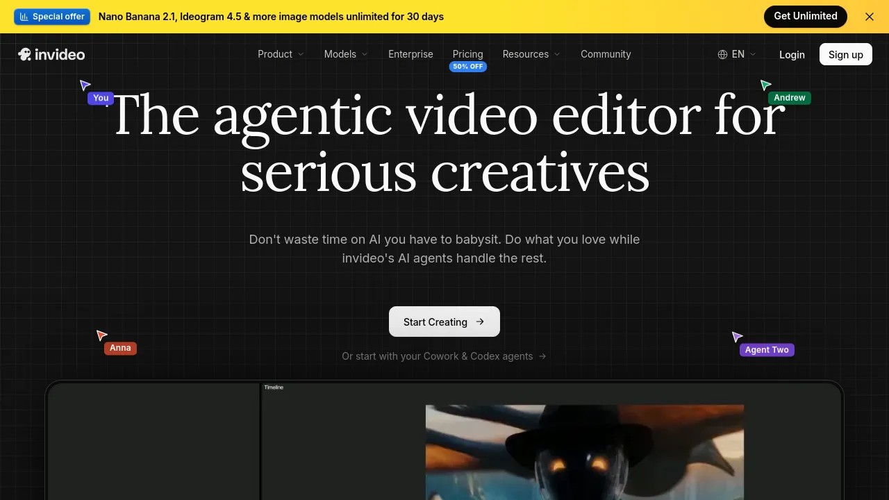 Screenshot of invideo AI website