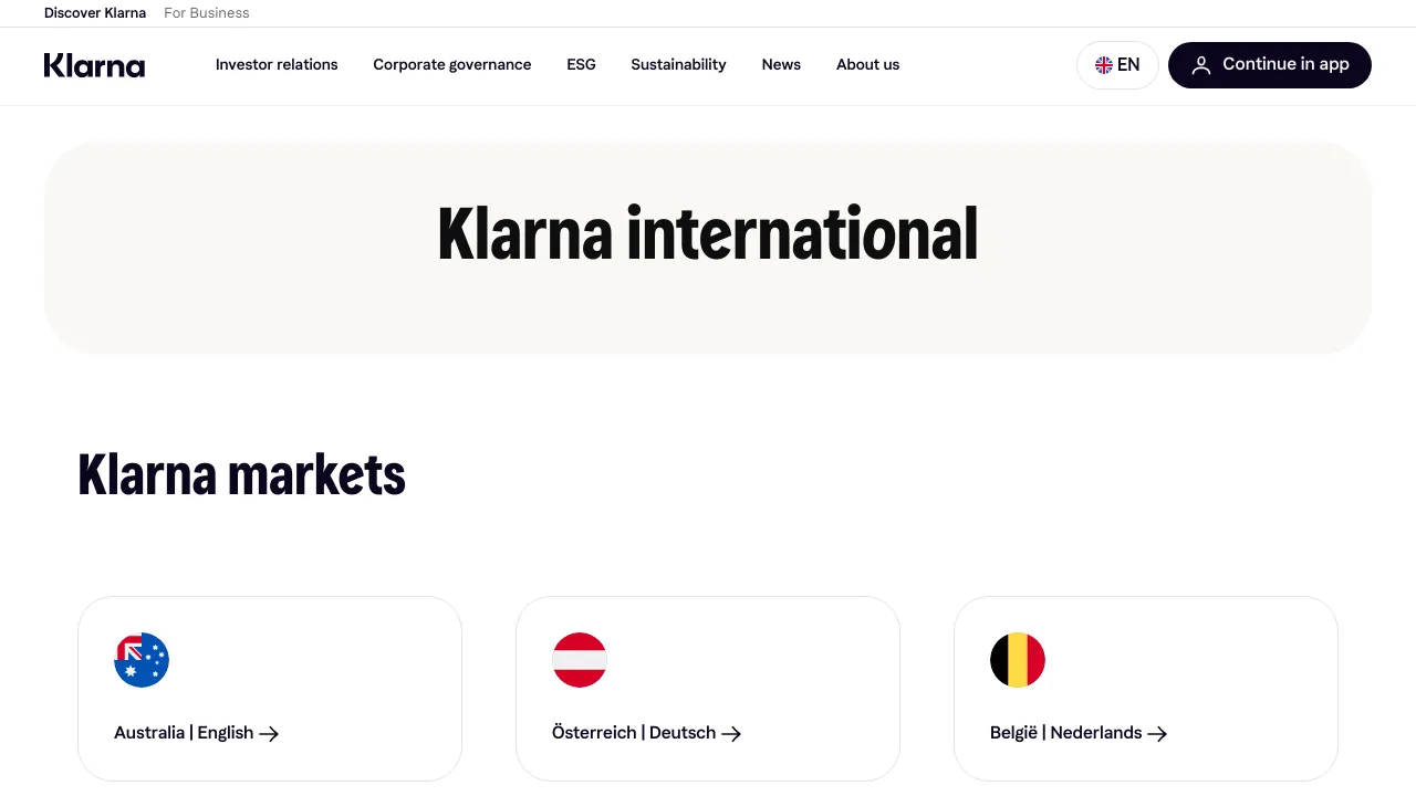 Screenshot of Klarna website